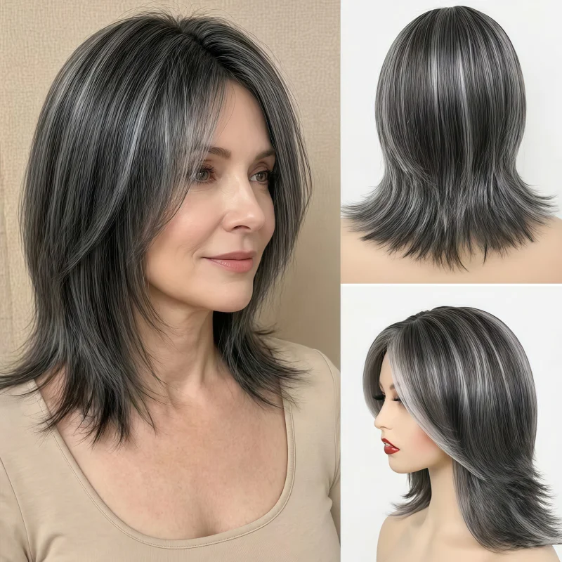 12-Inch women's gray bangs wig, suitable for people aged 40-70, glue-free straight hair wig, suitable for daily and party use, t