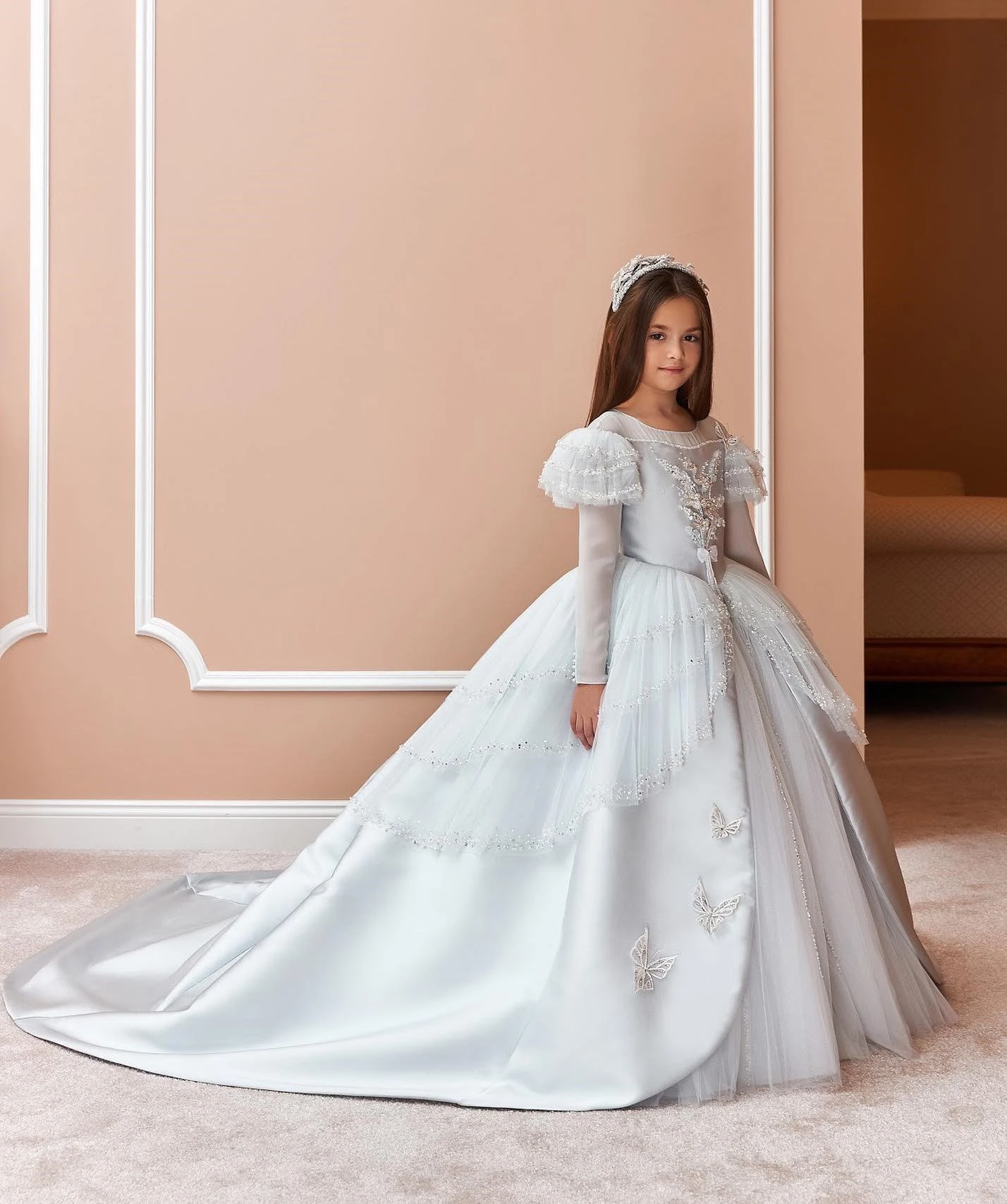 FATAPAESE Customized Wedding Gown for Kid Girl Cape Sleeve Ball Gown Luxury Embroidery Beaded Princess Junior Toddler Ball Gown