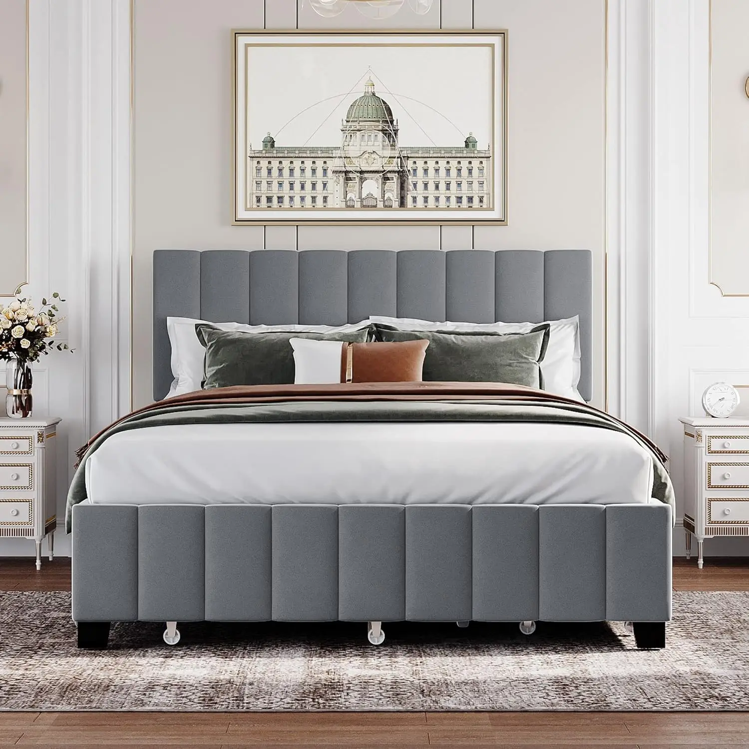 Velvet Queen Platform Bed With 2 Drawers & 1 Twin Xl Trundle, Upholstered Queen Size Bed Frame With Storage & Headboard For