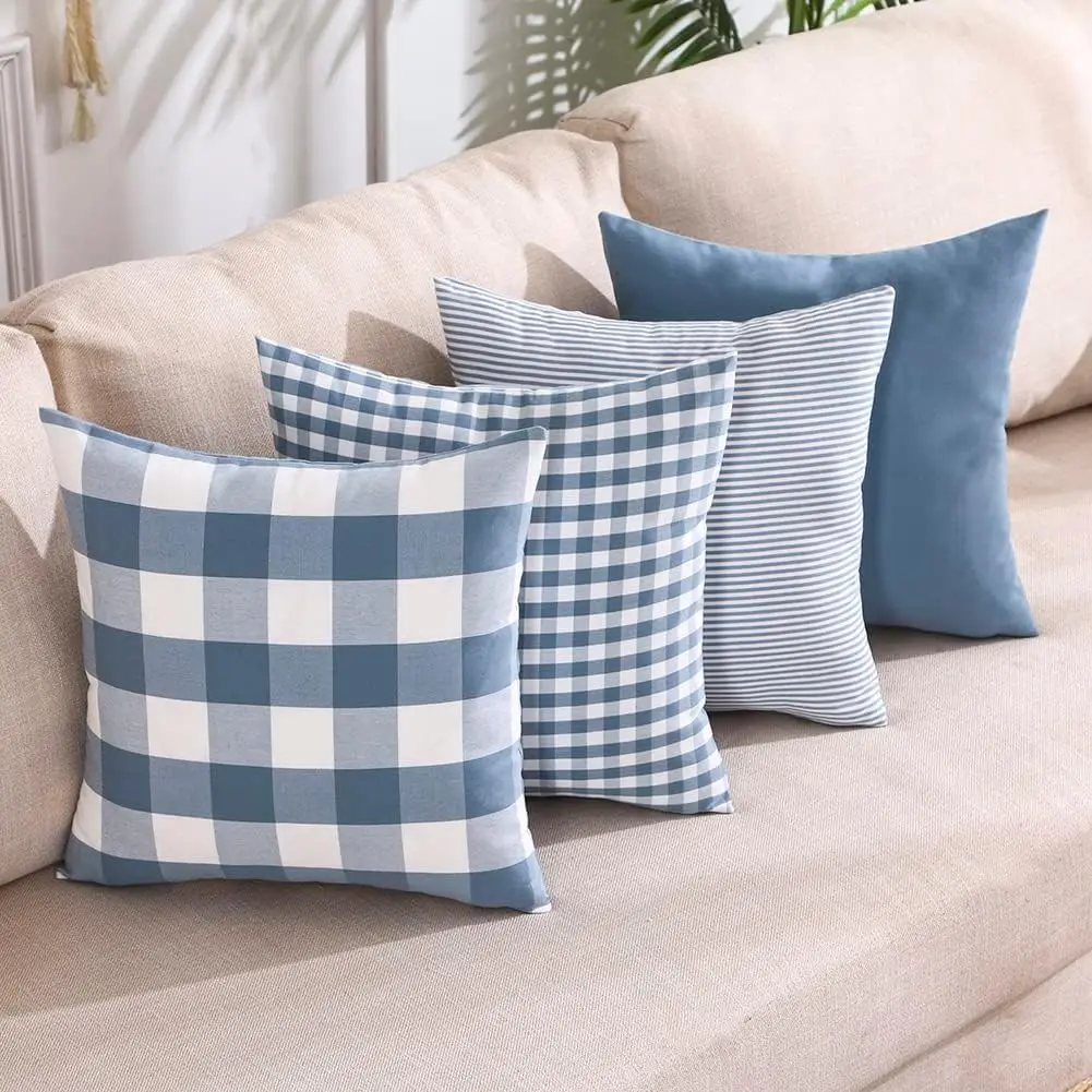 

Light Blue Pillow Covers Farmhouse Plaid Throw Pillows 18x18 Set of 4 Spring Summer Blue Decorative Pillow Neutral Decoration