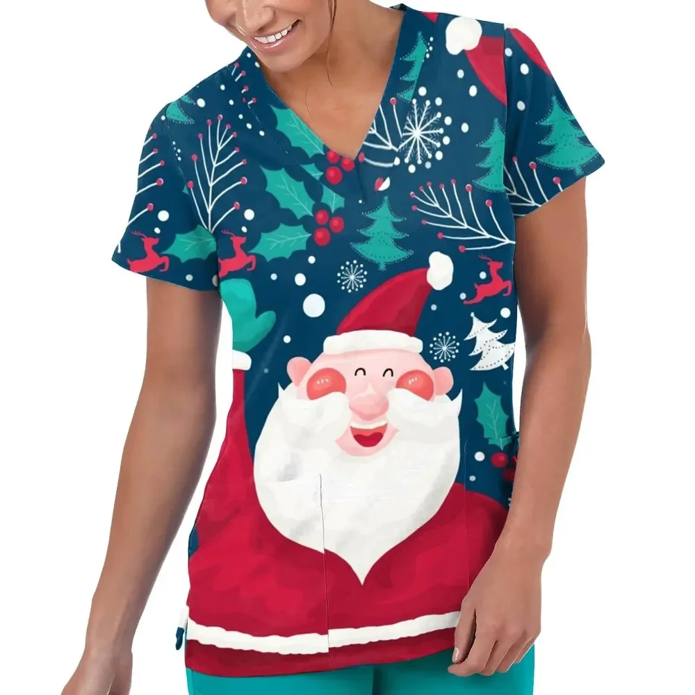 Ladies' Casual Loose Nurse Uniform Christmas Cartoon Santa Claus Print Short Sleeve V Neck Loose Top Workwear With Pocket