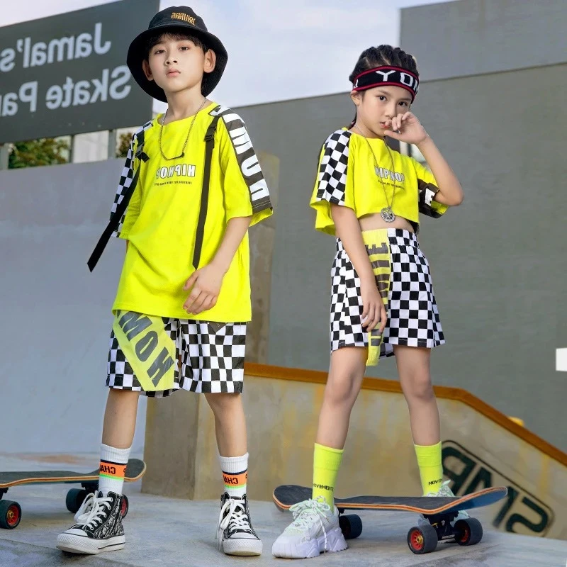 Boys Hip Hop Summer T-shirt Street Dance Contrast Cargo Shorts Girls Crop Top Plaid Skirts Child Clothes Sets Kids Jazz Costumes