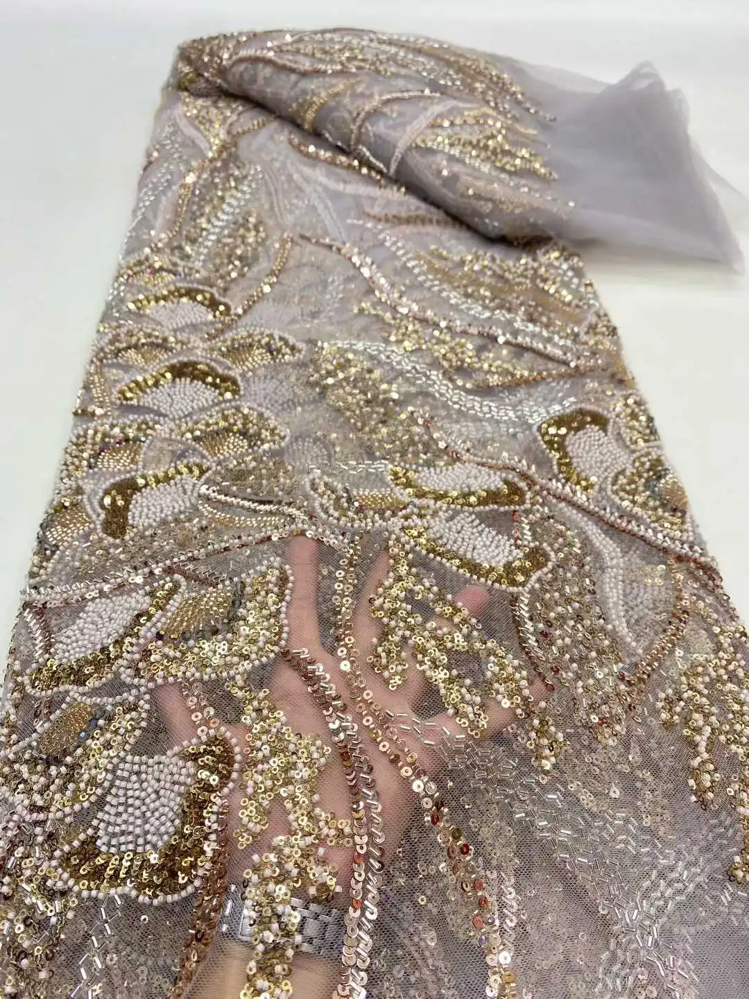 Kain Renda Manik-Manik Afrika Terbaru Kain Renda Payet 5 Yard Berkualitas Tinggi 2025 Kain Renda Biru Gaun Pengantin Nigeria SZ1669
