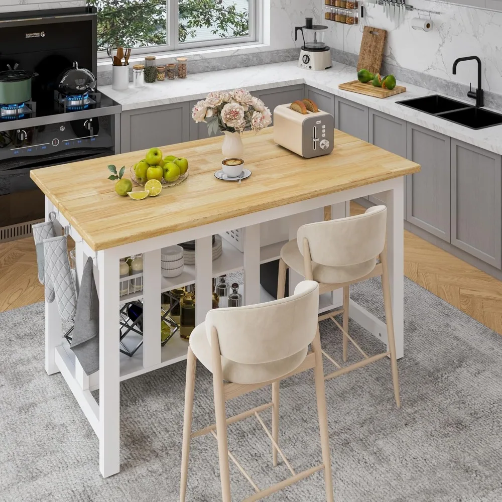 جزيرة مطبخ من خشب المطاط الصلب مقاس 47.3 بوصة مع منافذ طاقة - سطح عمل كبير جدًا، درجين وخزانة تخزين أرفف مفتوحة #2