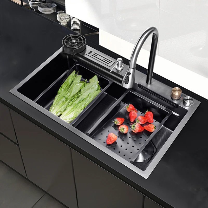 

Multi functional sink with embossed large single groove, handmade nano 304 stainless steel, basin in basin, kitchen