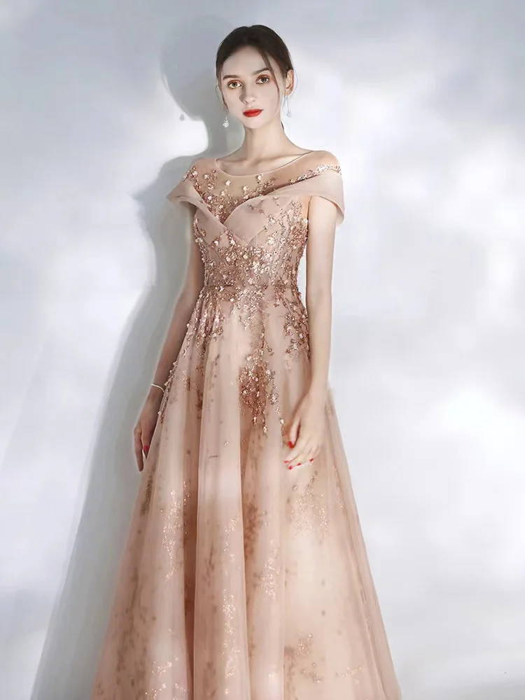 

Champagne Pink Evening Dress A-Line Off Shoulder Illusion Crystal Sequins Beaded Floor-Length Formal Prom Gowns Robe De Soiree