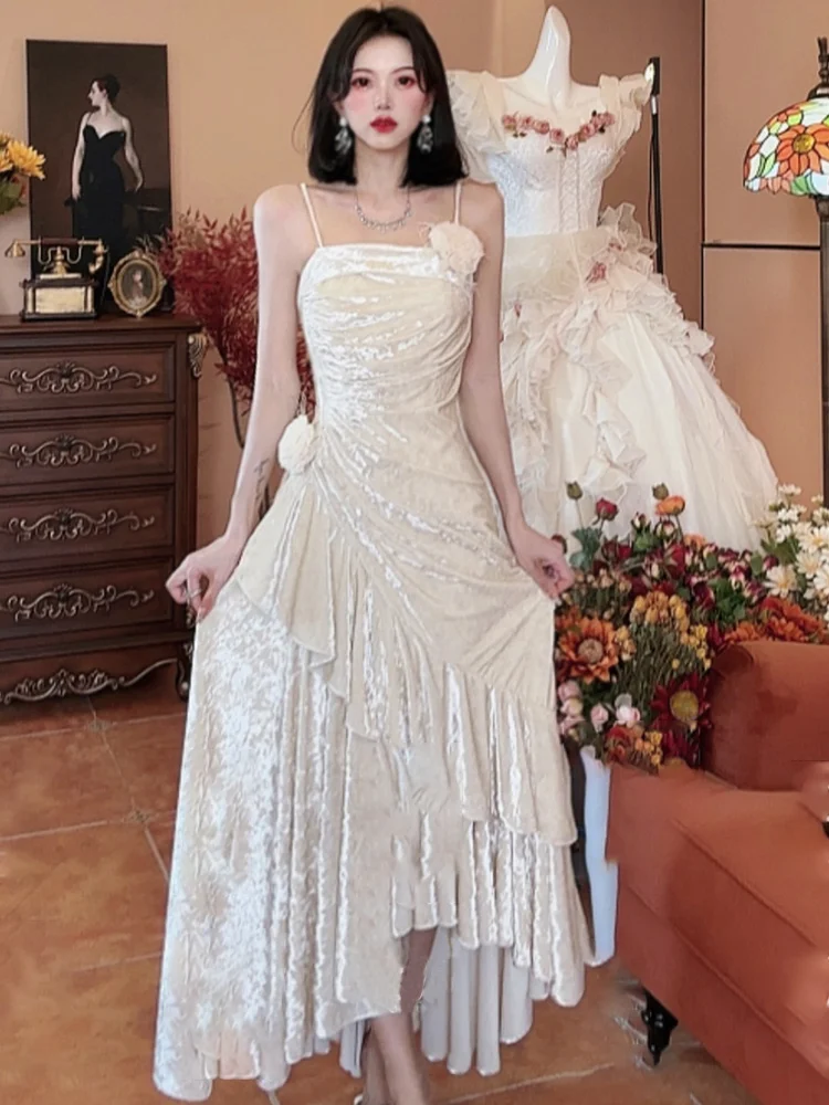 

Вечернее бархатное платье Ele с бретельками, завышенной талией, асимметричное, длинное, для осенне-зимнего сезона, женственное, с юбкой А-силуэта