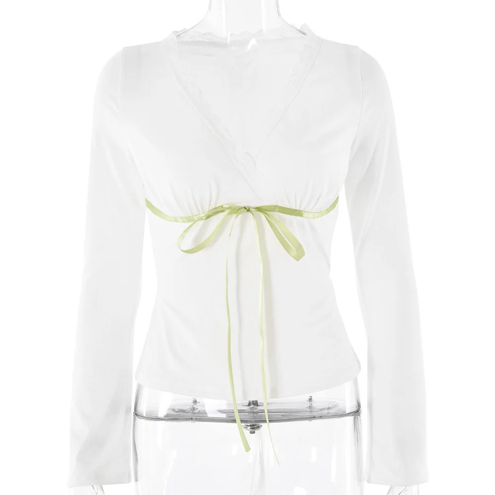 Ins Style New Women's V-Neck Lace Trim Bow Long Sleeve Sexy Slim Fit T-Shirt