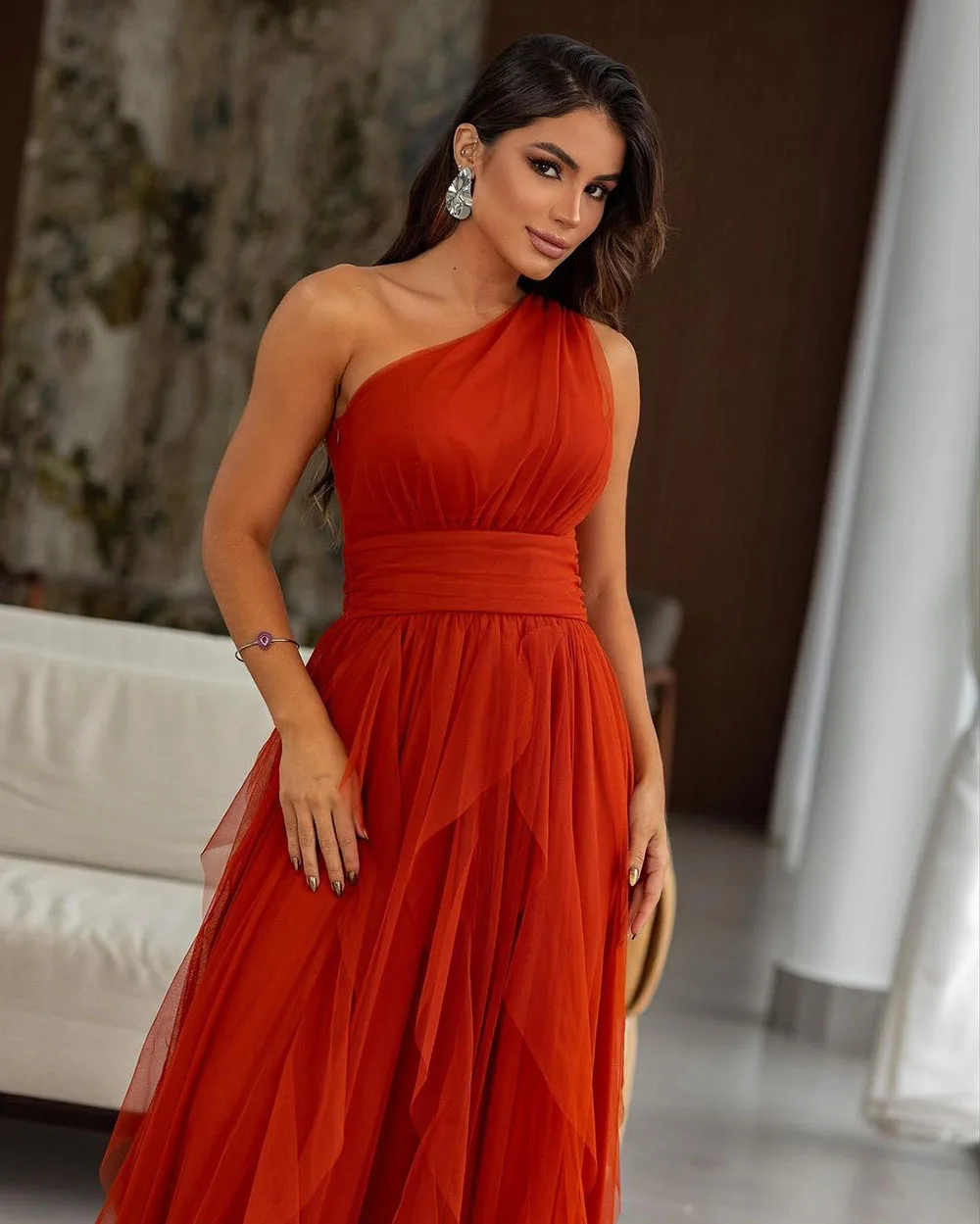 SoDigne Orange Formal Evening Dresses One Shoulder Ruched Tiered Prom Gown Dubai Long Women Special Occasion Dress