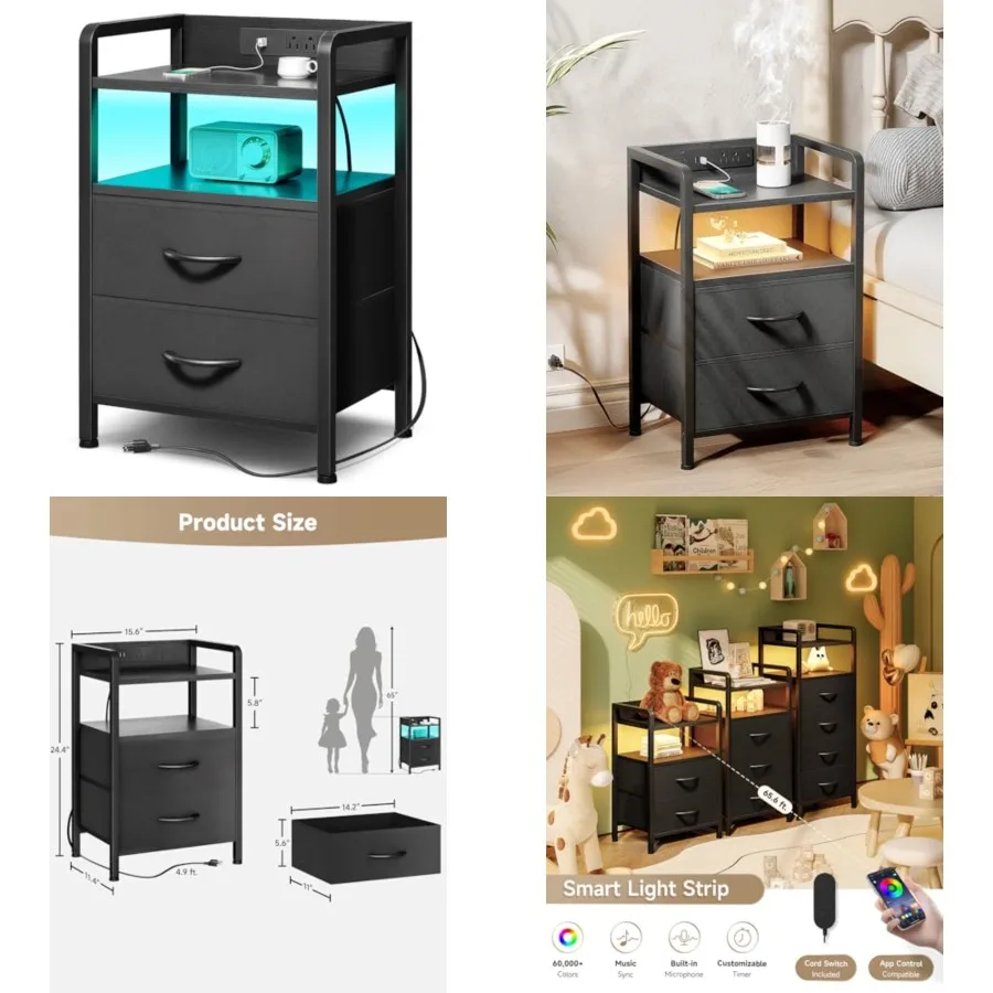 Night Stand Bedside Charger Bedroom - Nightstand with Charging Station and LED Light Strip, Night Stand with Storage Shelf and