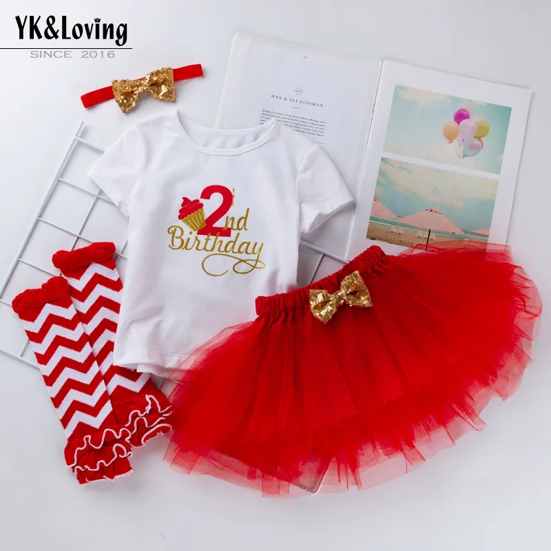 

Baby Girl First Birthday Outfit4Letter Print Short Sleeve SetTPrincess Dress and Socks Set