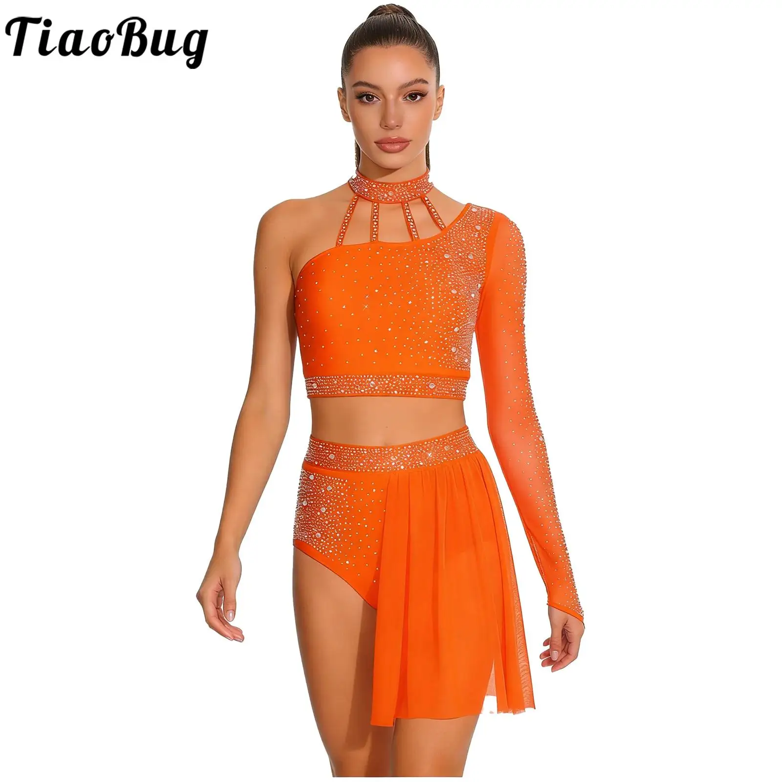 Women Lyrical Dance Set Modern Figure Skating Costume Rhinestones Crop Top And Skirt Leotard Rhythmic Gymnastic Ballet Dancewear