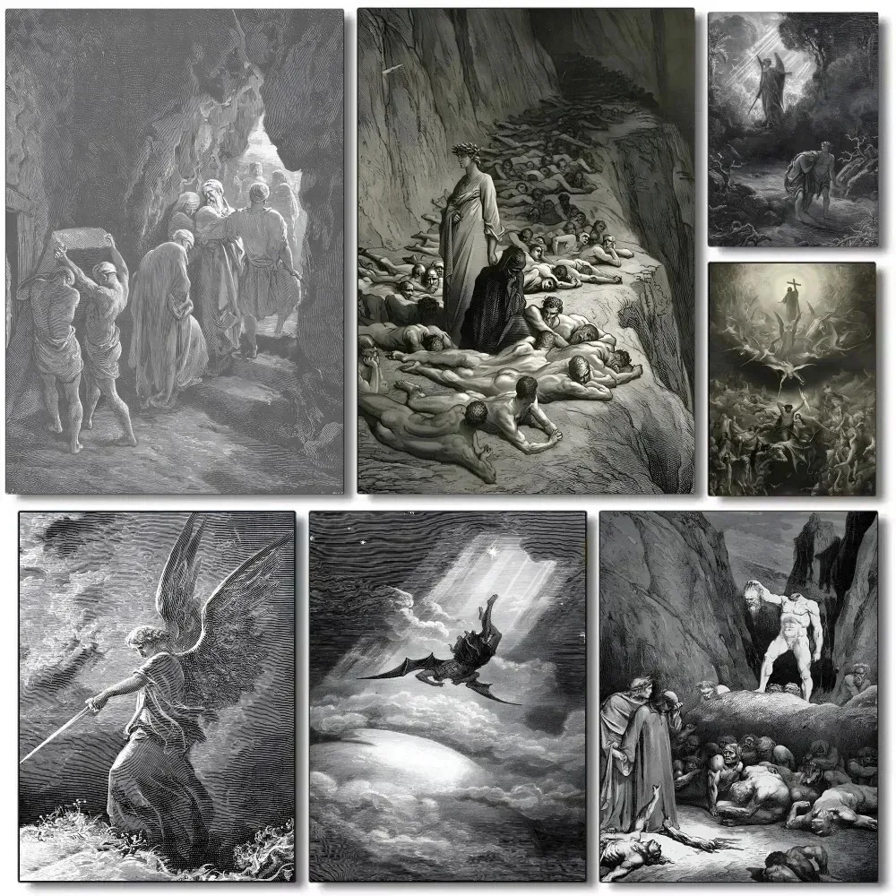 Gustav Dore Satan Paradise Lost Monster Wall Art Poster Canvas Painting Coffee House Bar Room2027
