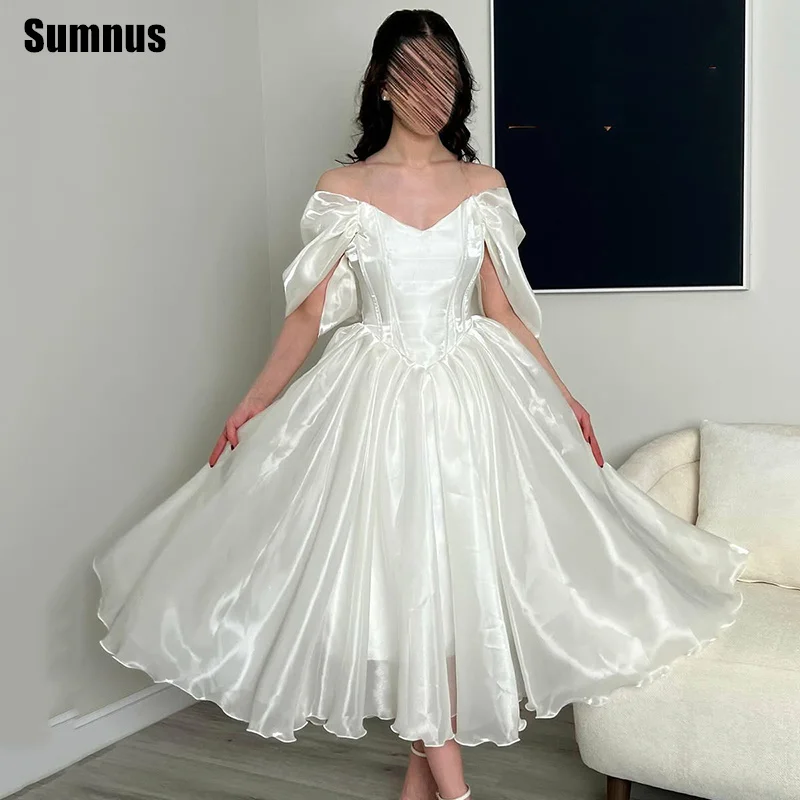 

Sumnus Romantic A-Line Prom Dress Ivory Glossy Satin Draped Midi Off Shoulder Women Party Dresses Princess Ball Gown Customized