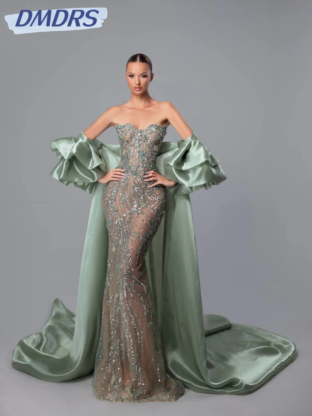 

Luxury Embroidery Beaded Illusion Evening Dress With Cape Sweetheart Neck Mermaid Wedding Party Gown New Customized Prom Dresses