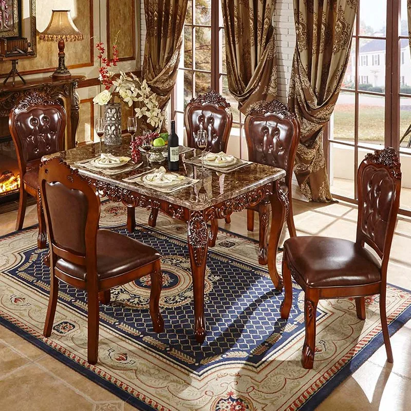 European Royal Marble Dining Table Chair Set Combination Dining Table Solid Wood Carving Rectangular Retro Dining Room Set view 2
