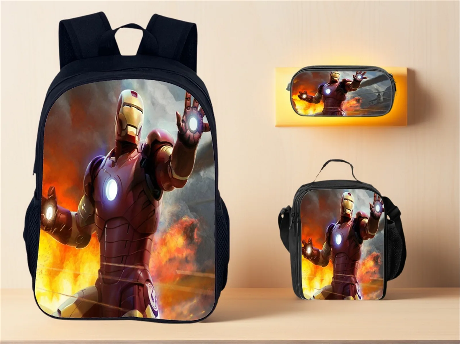 

Marvel Iron Man Schoolbag+Insulated Lunch Bag+Pencil Case-Boys Girls Back to School Lightweight Backpack 3 Pcs Set