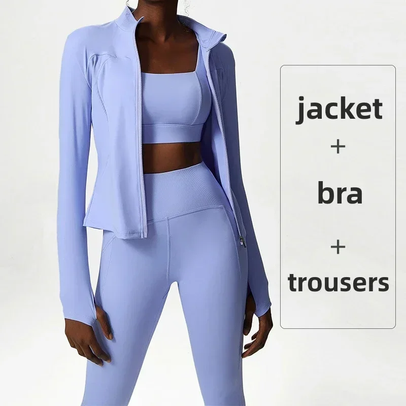 

3Pcs Fitness Yoga Set Women Workout Athletic Clothing Long Sleeve Shirt Gym Bras High Waist Leggings Tights-Fitting Sportswear