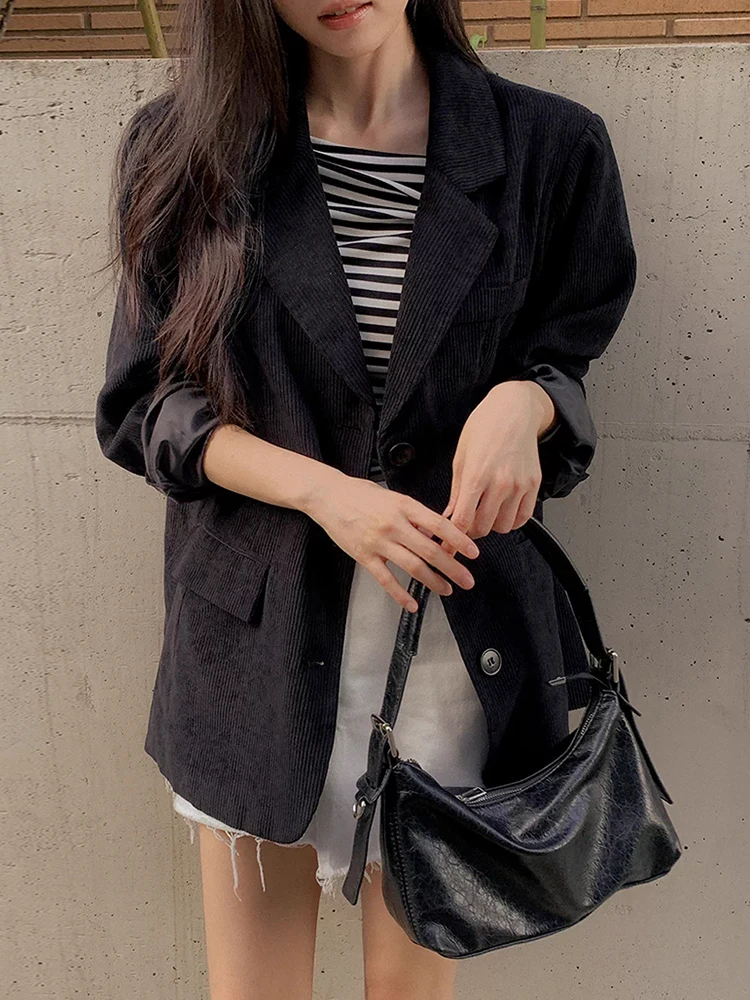 

Chic Vintage Sle Women's Long Sve Velvet Jaet Loose Fit Single Button Notch Lapel Coat Commute Faion Daily Wear
