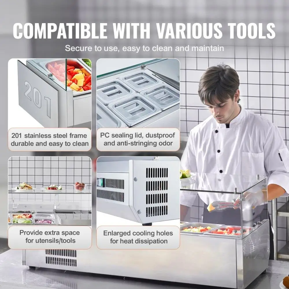 冷蔵サンドイッチ準備ステーション 135W カウンタートップ調味料テーブル、3つの3分の1パンと4つの6分の1パン付き ステンレススチールボディ