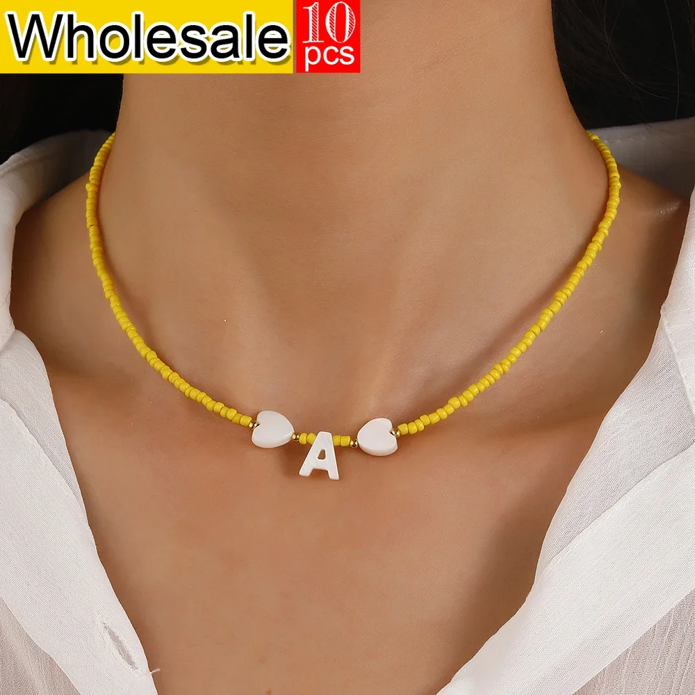 10PCS Bohemian Style Choker Neck Women Necklace Beike Initial Letter Yellow Rice Bead Necklaces Women's Jewelry Gift Wholesale