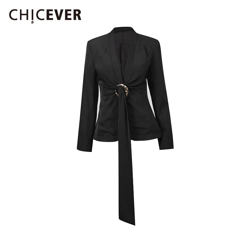 

CHICEVER, минималистичная куртка с черной лентой, женская куртка с v-образным вырезом и длинным рукавом, утягивающие элитные женские куртки, осенняя мода, новинка