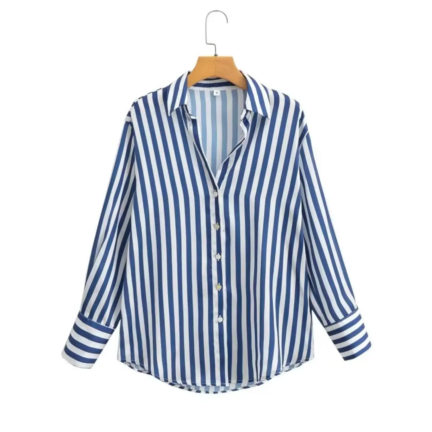 2023 CHIC Autumn Lapel Blue White Striped Print Bright Satin Shirt Women Single-Breasted Buttons Full Sleeve Loose Blouses Tops