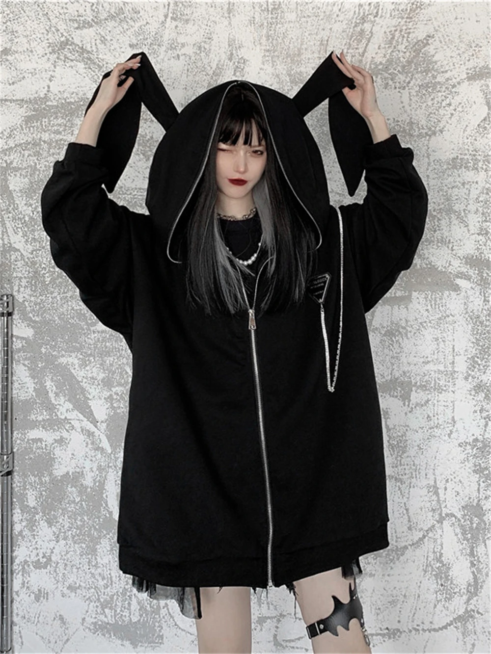 

Autumn Winter Emo Bunny Hoodie Women Zip Up Kawaii Sweatshirt Rabbit Ears Jacket Black Girls Streetwear Japanese Loose Coats