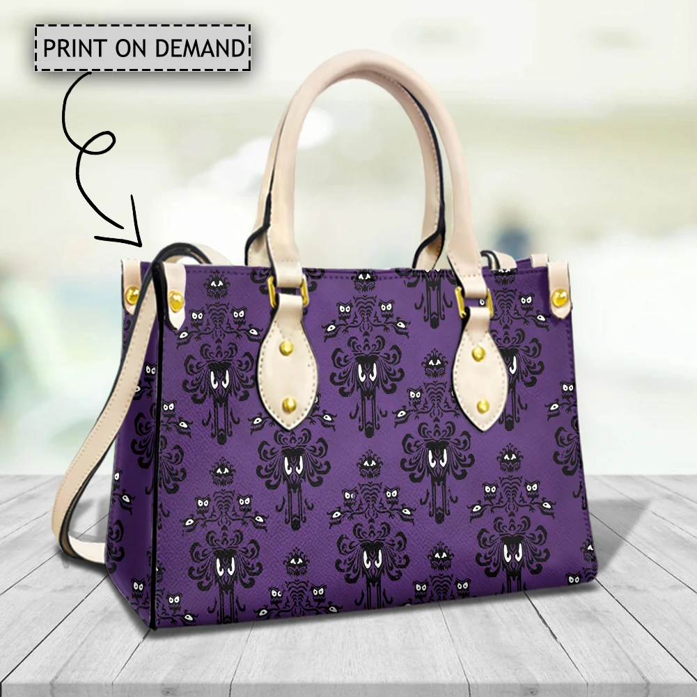 Purple Haunted Mansion Print Women Handbags Luxury Leather Female Cross Body Bags Woman Top-handle Vintage Horror Shoulder Bags