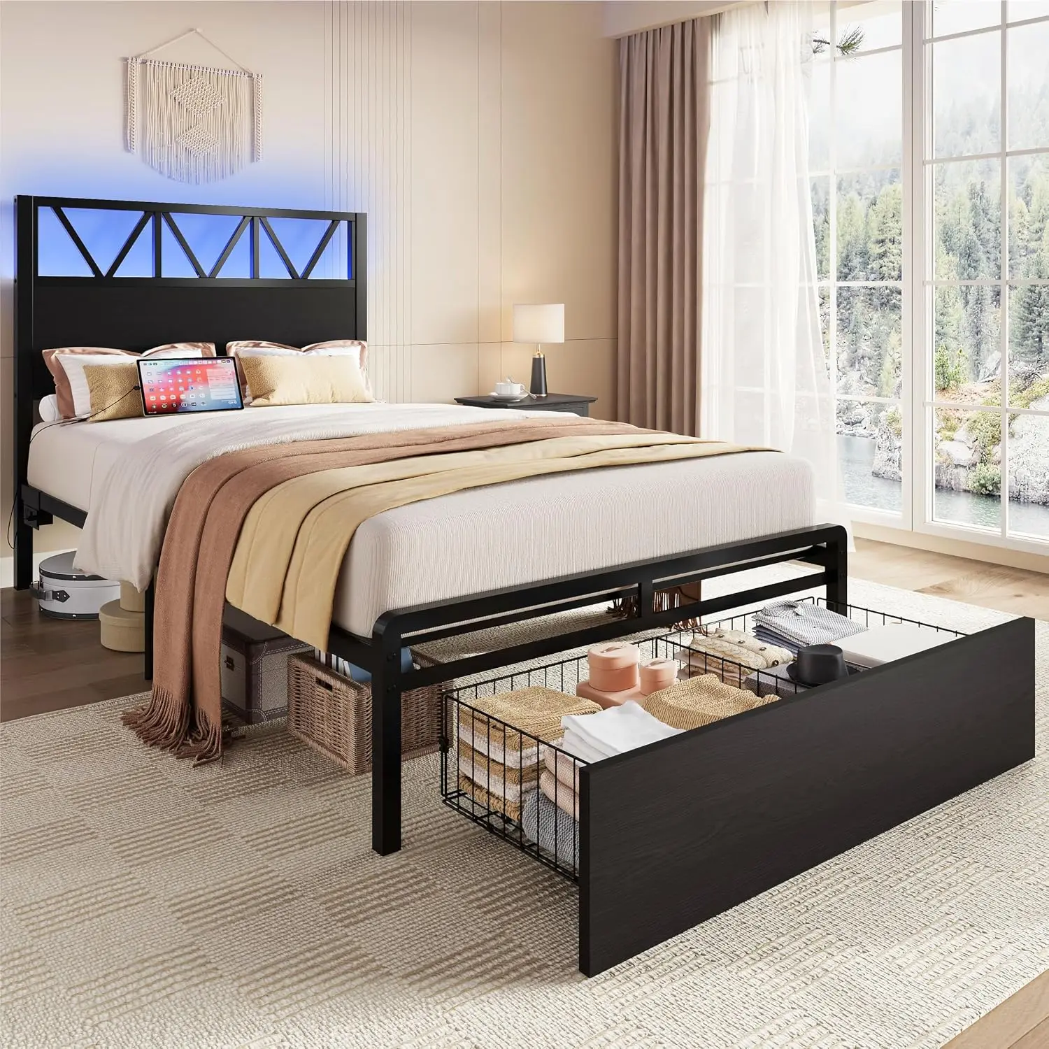 Twin XL Bed Frames with Storage Drawer, Charging Station and LED Lights, Twin XL Bed Frame with Headboard, No Box, Customized view 3