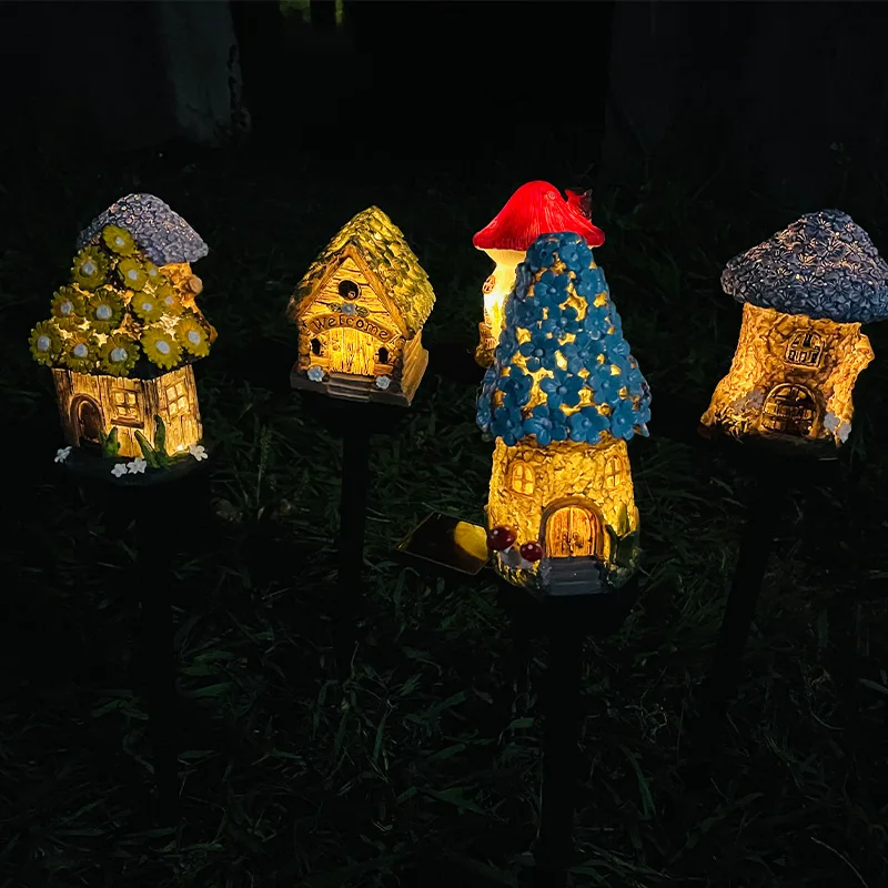 

Creative Solar Resin Mushroom House Light Outdoor Waterproof LED Cartoon Ground Plug Light Garden Decoration Lawn Landscape Lamp