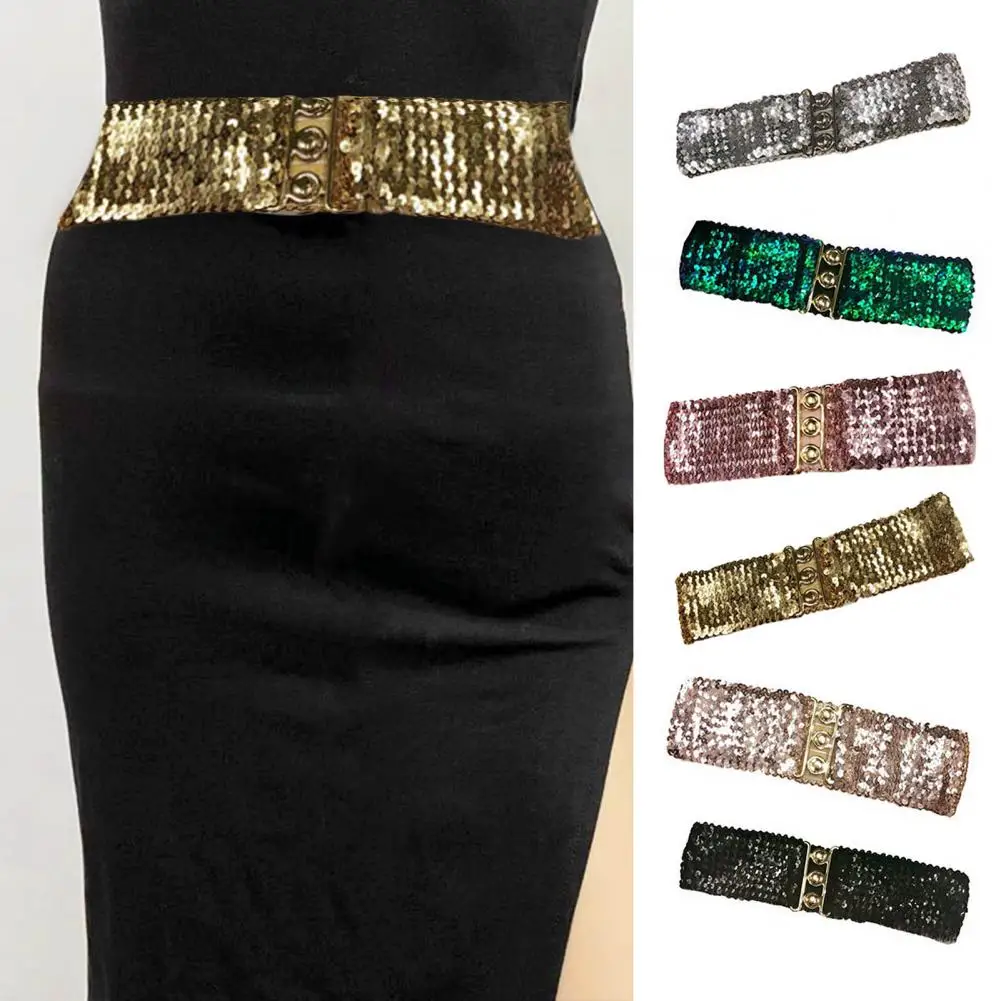 

Women Shinny Cummerbund High Fashion Metallic Sequin Wide Buckle Rectangle Bright Color Dress Belt Fashion Accessories