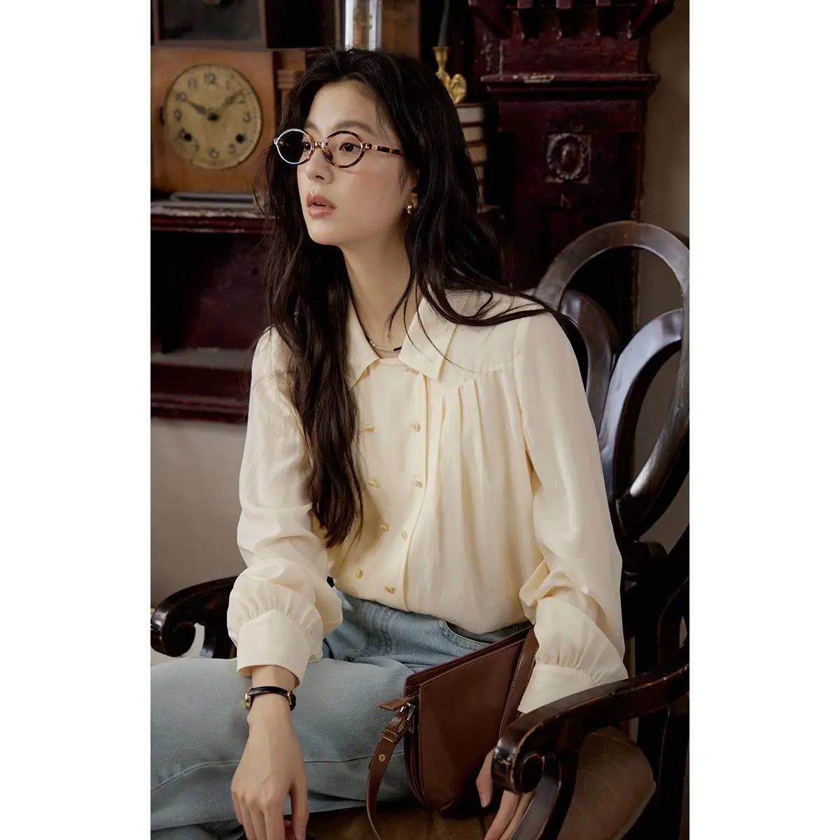 الفرنسية الرجعية مزدوجة الصدر فانوس كم قميص المرأة الجديدة برتقالي أحمر التنقل الخارجي كم طويل الأعلى #3