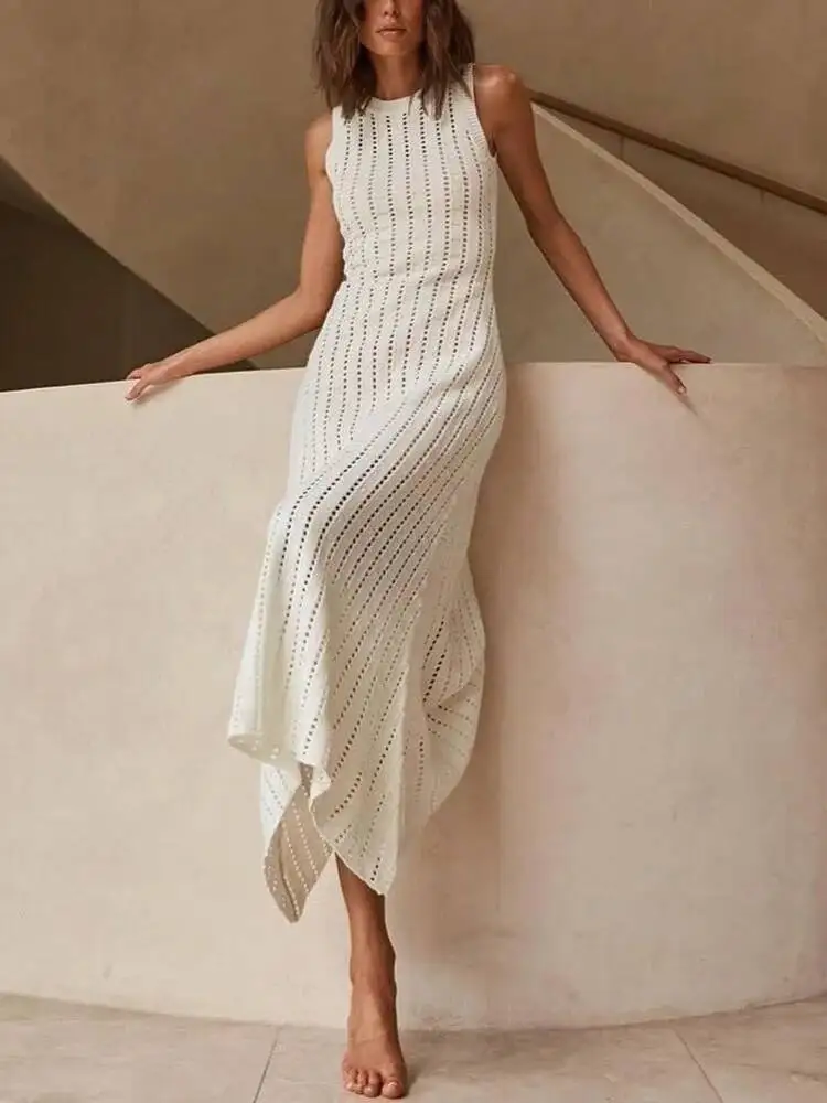 Women's Sleeveless Dress 2025 Summer New Solid Color Knit Dress Cutout Crew Neck Sexy Hollow Out Beach Cover Up Maxi Dress