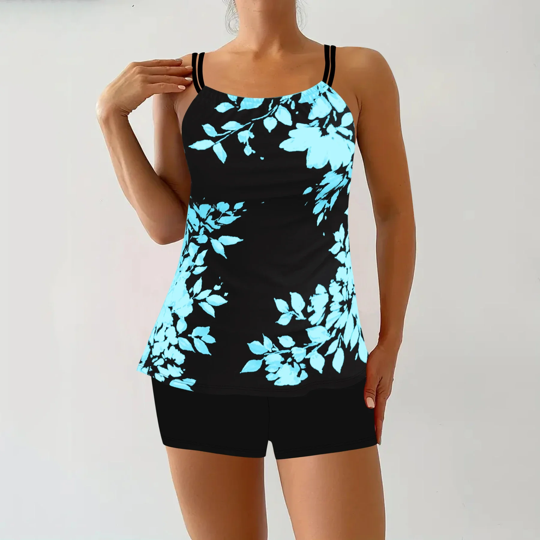 New Summer Women's Holiday Resort Style Swimwear Fashion Design Cyan Leaf Print Halter Swimsuit Two Piece Set S-6XL