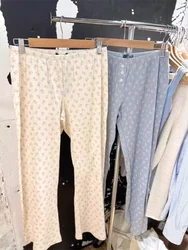 Pantalones largos con ojales de osos pequeños para mujer, ropa elástica de cintura alta, Pantalones rectos de algodón informales, dulces, Otoño, nuevo