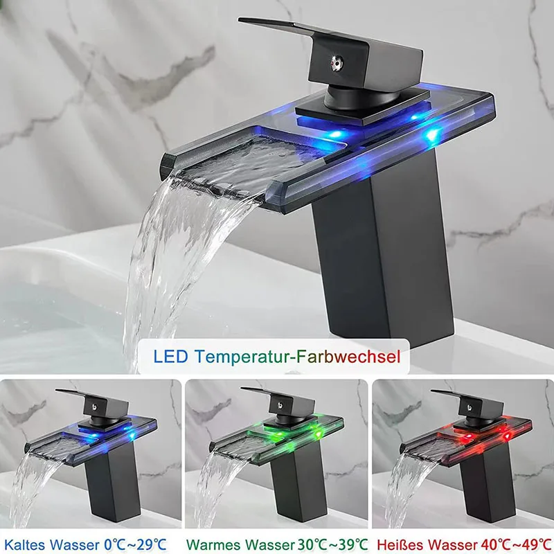 

Glass Bathroom Basin Faucet Mixer Water Tap LED Luminous Color Changing Hydro Power Black Waterfall Basin Stainless Steel Faucet