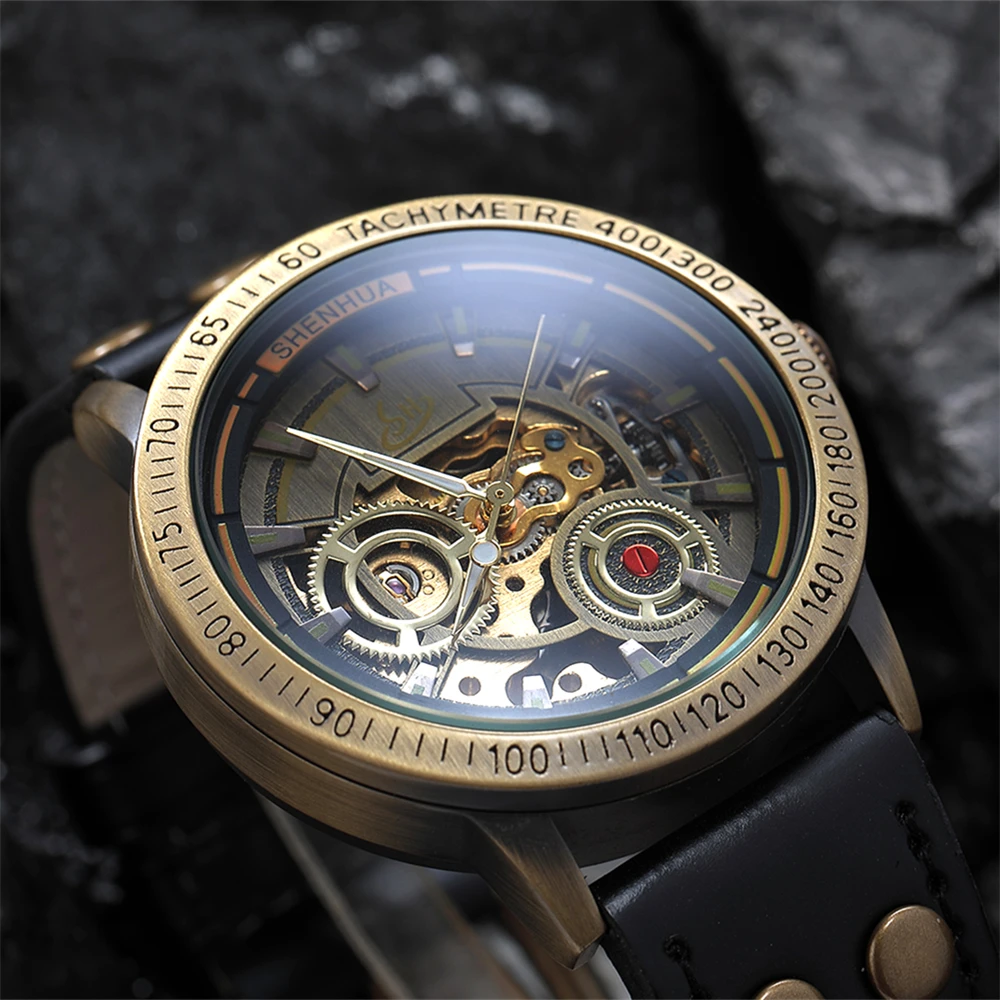 Personalized European American style men mechanical watch night light hollow out leisure retro fully automatic mechanical watch