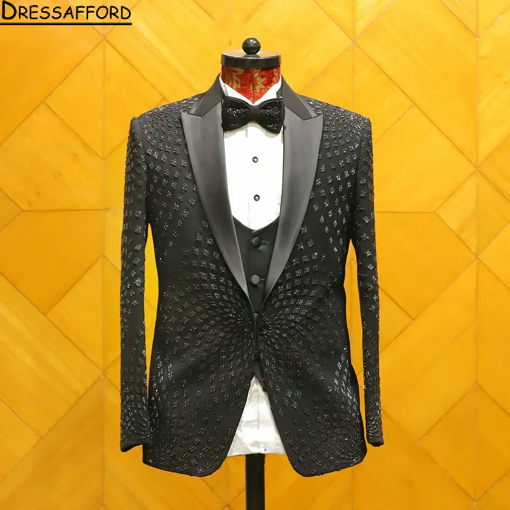 

Black Crystal Diamonds 2 Pieces Blazer Pants Men Suits Tuxedo High Fashion Wedding Prom Plus Size Custom Made