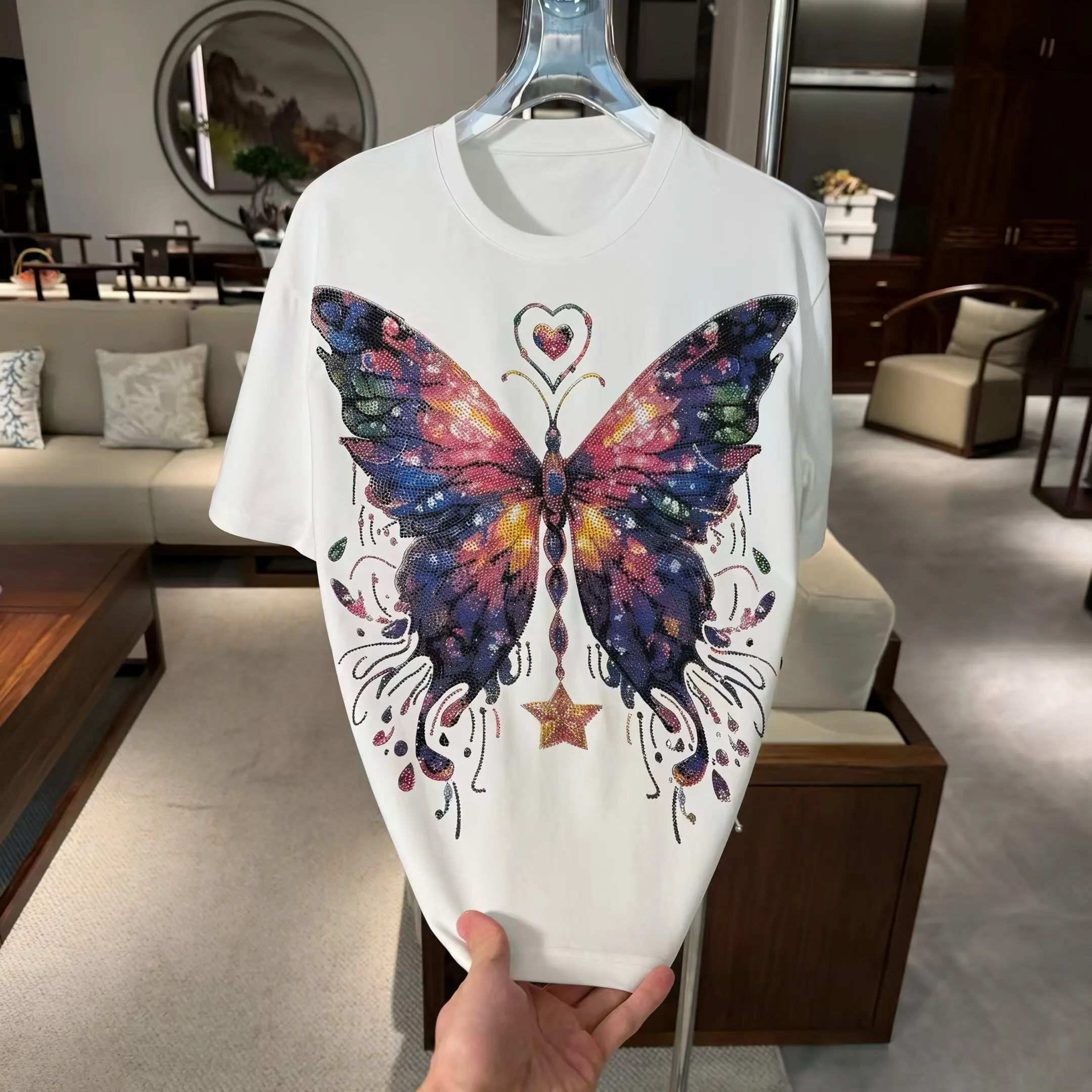 Streetwear Large Size Male T-shirt New Spring Summer Luxury Colorful Butterfly Hot Diamond All-match Round Neck Short Sleeve Top