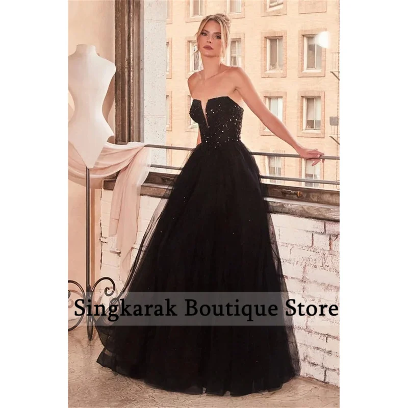 فستان حفلة موسيقية بدون حمالات لامع على شكل حرف a بدون أكمام بطول الأرض من vestidos de noiva برباط من الخلف فساتين سهرة