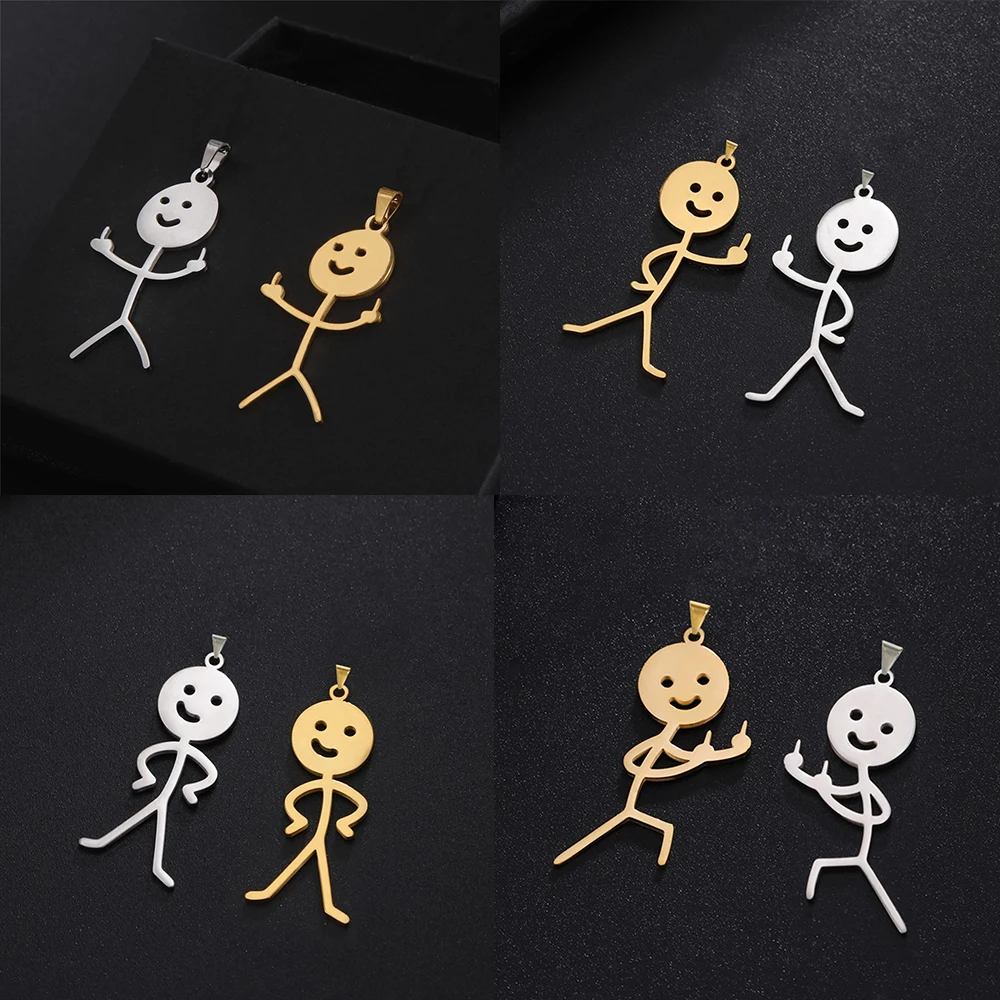 5pcs Funny Middle Finger Stickman Charms For Jewelry Making Stainless Steel Pendants Necklace Keychain Diy Accessories Wholesale