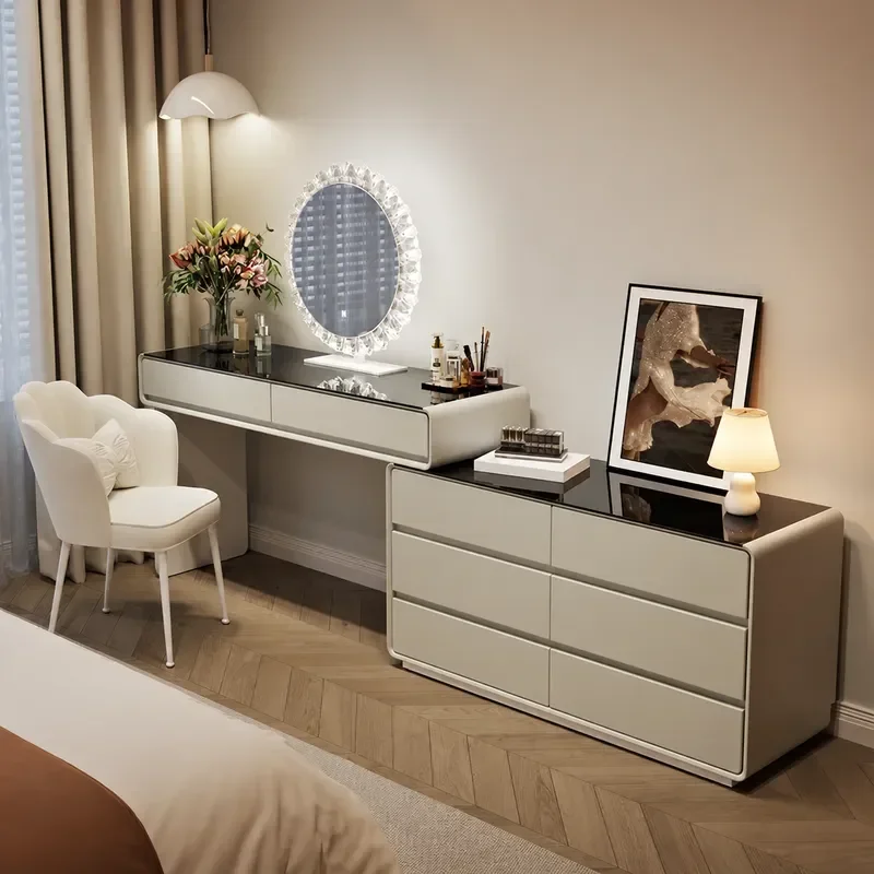 Cream Modern Simple Light Luxury Bedroom Dresser with Skirting Line Rotatable Integrated Multi Function Storage Cabinet