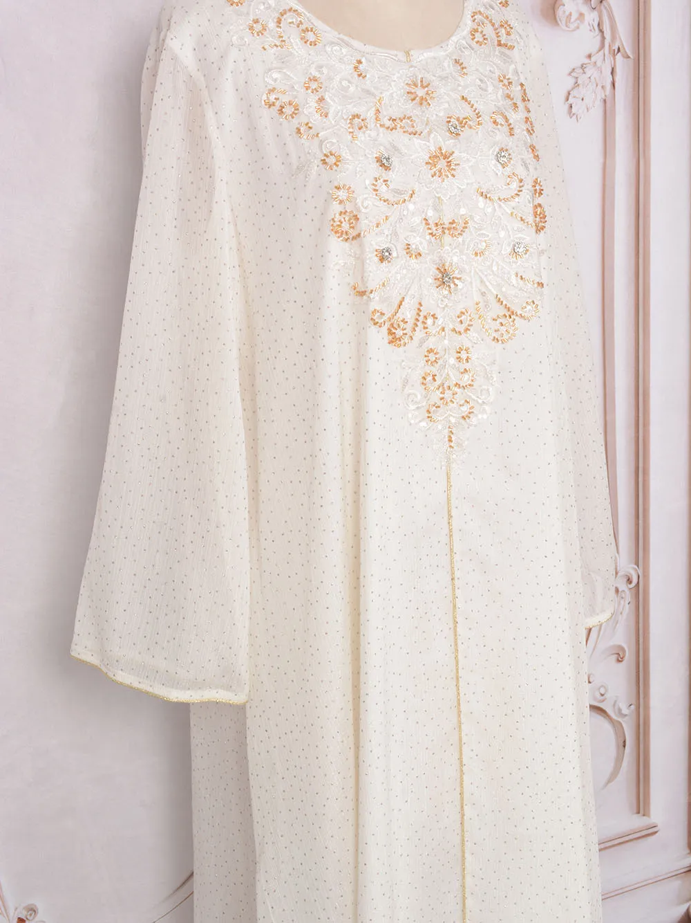 Women's Muslim 2024 Summer New Dress White Beaded Long Sleeve Round Neck Fashion Casual Temperament Elegant Loose Swing Robe