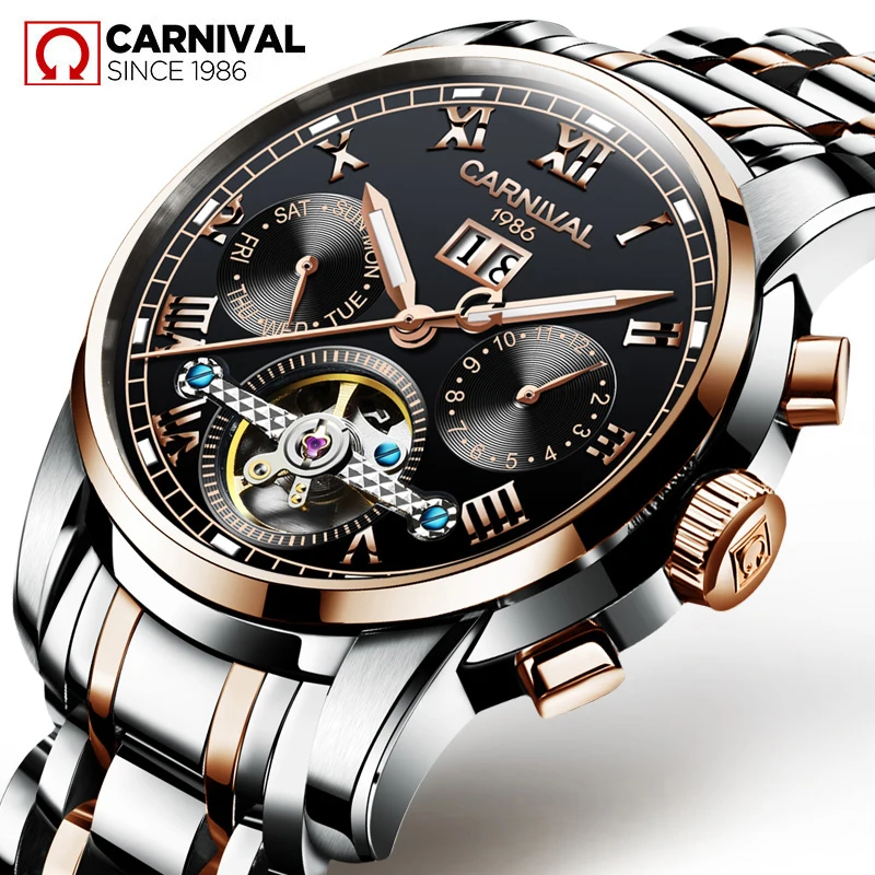 

Carnival Luxury Tourbillon Watch Men Week Calendar Luminous Waterproof Fashion Automatic Mechanical Watches Relogio Masculino