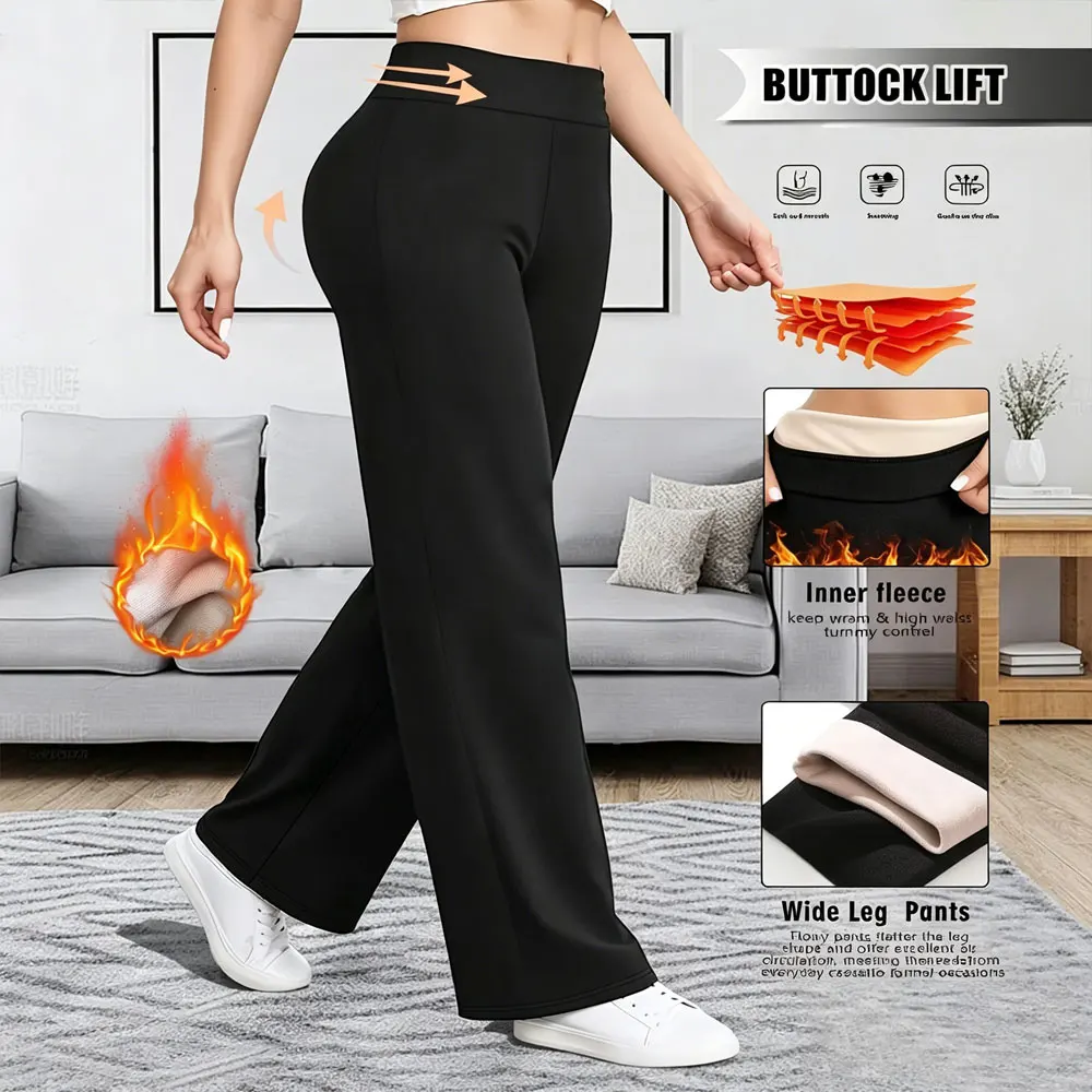 Warm Elegant High Waist Straight Leg Pants Soft Comfortable Fleece Lined Wide Leg Trousers Suitable For Casual And Formal Wear