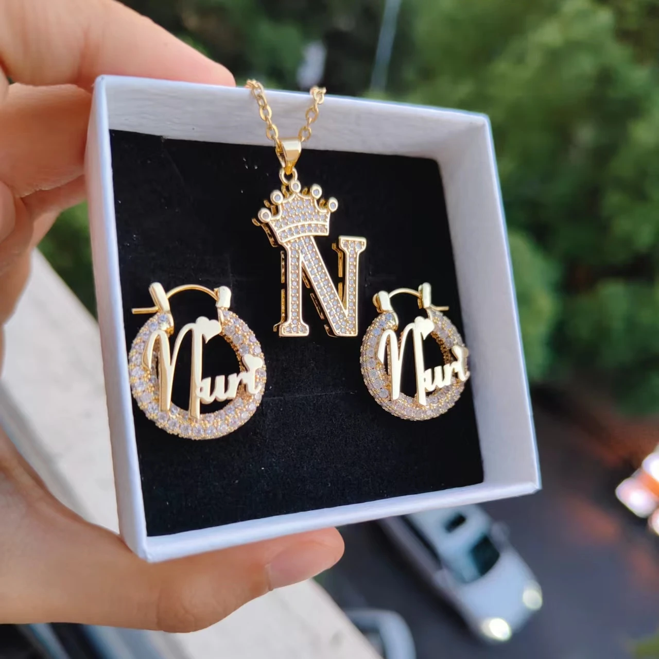 MIGALofe Custom Name Suit Crown Letter Necklace Mini Hoop 22mm Earring Shiny Stainless Steel Nameplate Kids Custom Blling Set