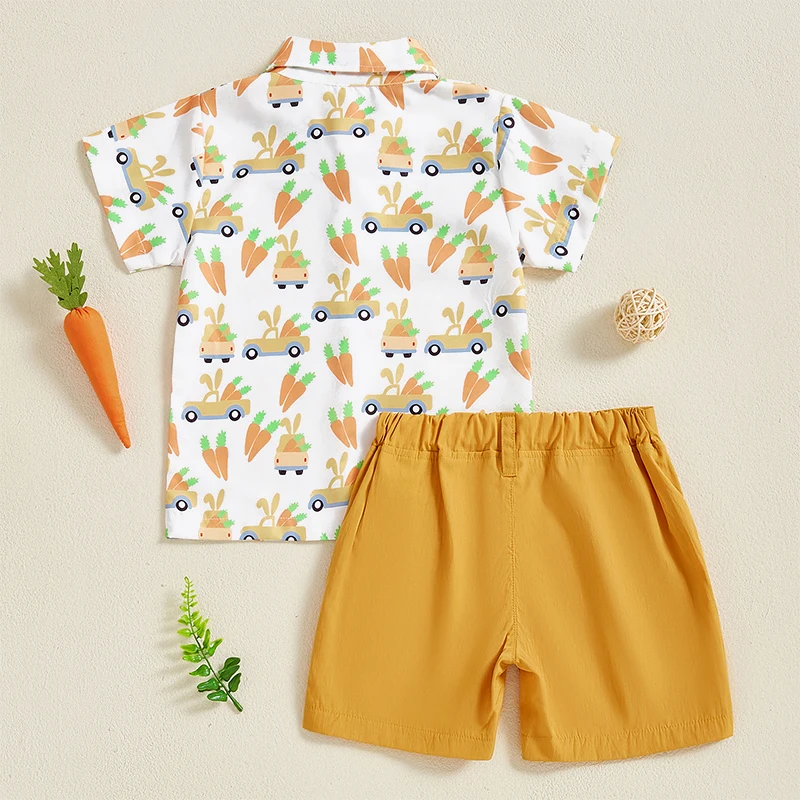 Toddler Boy Easter Outfit Bunny Print Short Sleeve Button-up Shirt Solid Shorts 2 Pcs Set with Bowtie and Carrot Design