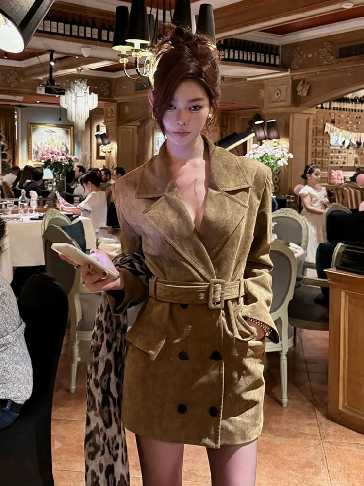 

XZY Ретро костюм миди с поясом, длина длина, джемпер для женщин, юбка трапециевидной формы с высокой талией, длинная свековая осенне-зимняя модная верхняя одежда