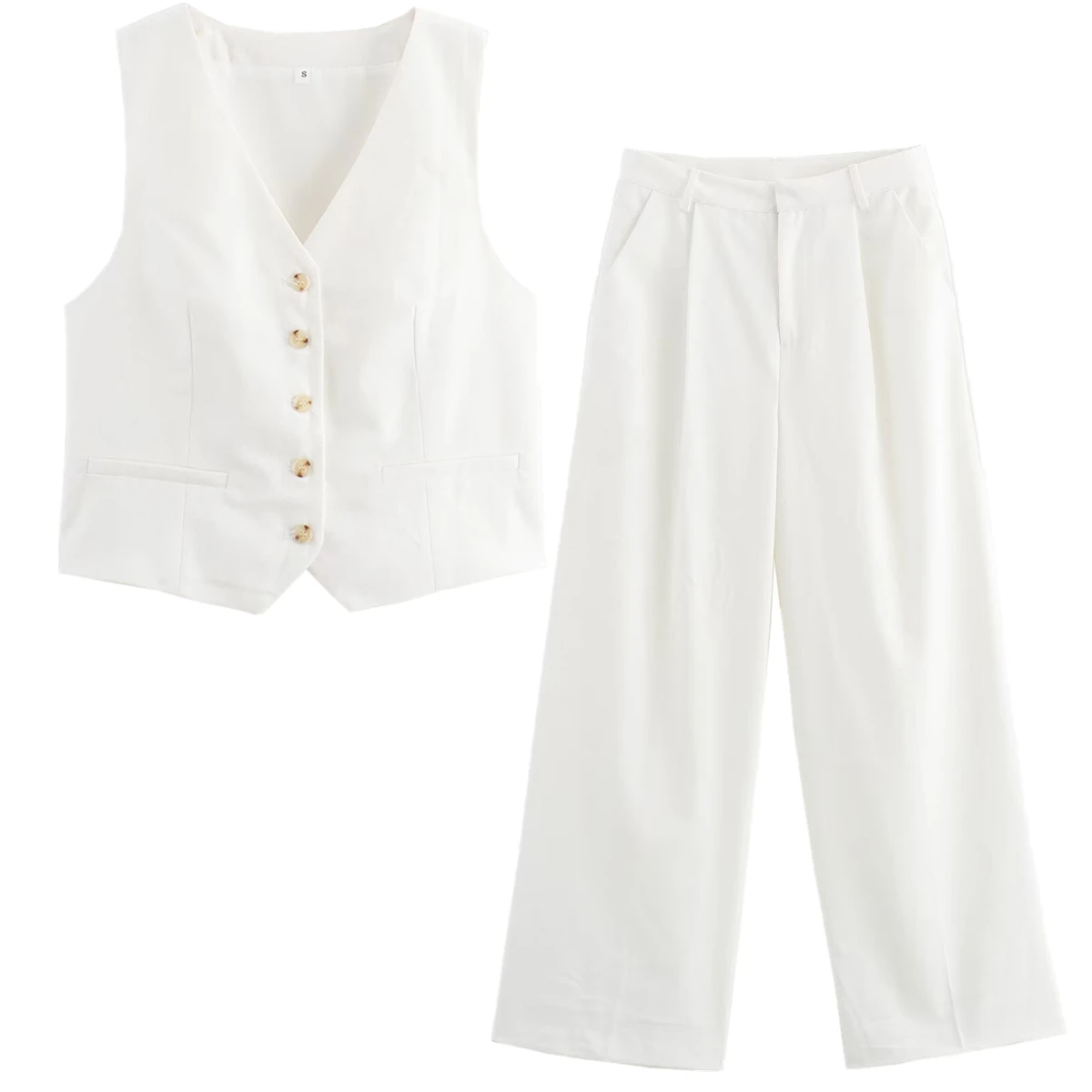 

Withered Minimalist Fashion Women's Sets Women Clothing Minimalist White Linen Texture Vest And Wide Leg Pants